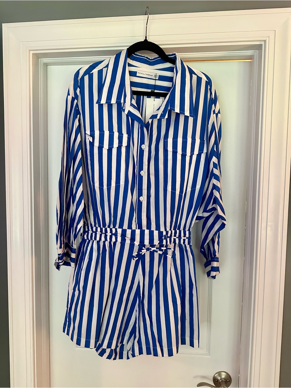 Faithful The Brand Blue and White Striped Romper